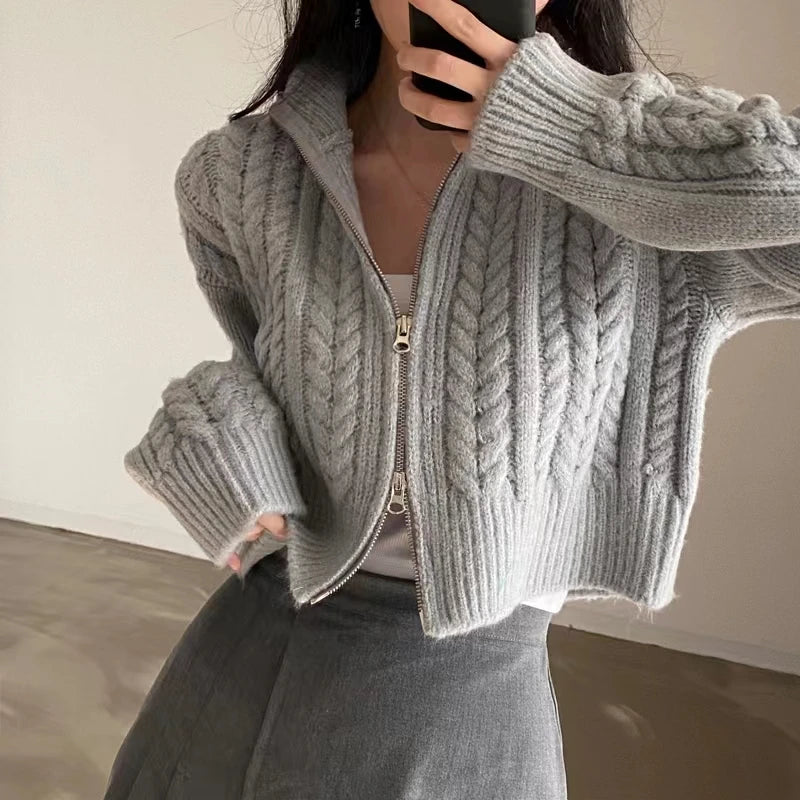 Hnewly  Chunky Knit Zip Up Cardigan for Women Zipper Front Long Sleet Sweater Coat Knitwear Crop Sweater Korean Chic Fall Winter Outfit