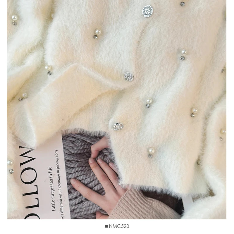 Hnewly  Beading O-Neck Plush Long Sleeved Sweater  Women's Autumn Loose Soft Glutinous Knit Cardigan Elegant Single Breasted Short Top