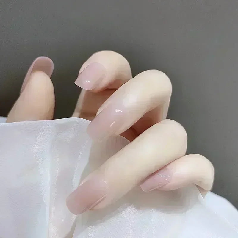 Hnewly 24pcs/Box Long Coffin False Nails Art Rose with Glue Wearable Nude Pink White Color Jelly Nails Tips Full Cover Press On Nails