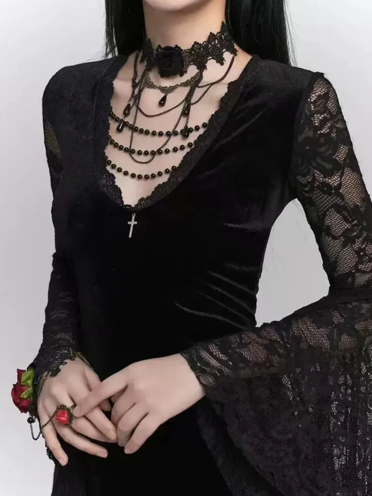 Hnewly Halloween Gothic Women Dress Long Sleeve High Waist Lace Dresses Y2K Vintage Punk Sexy Goth Aesthetic Slim Party Club Robe