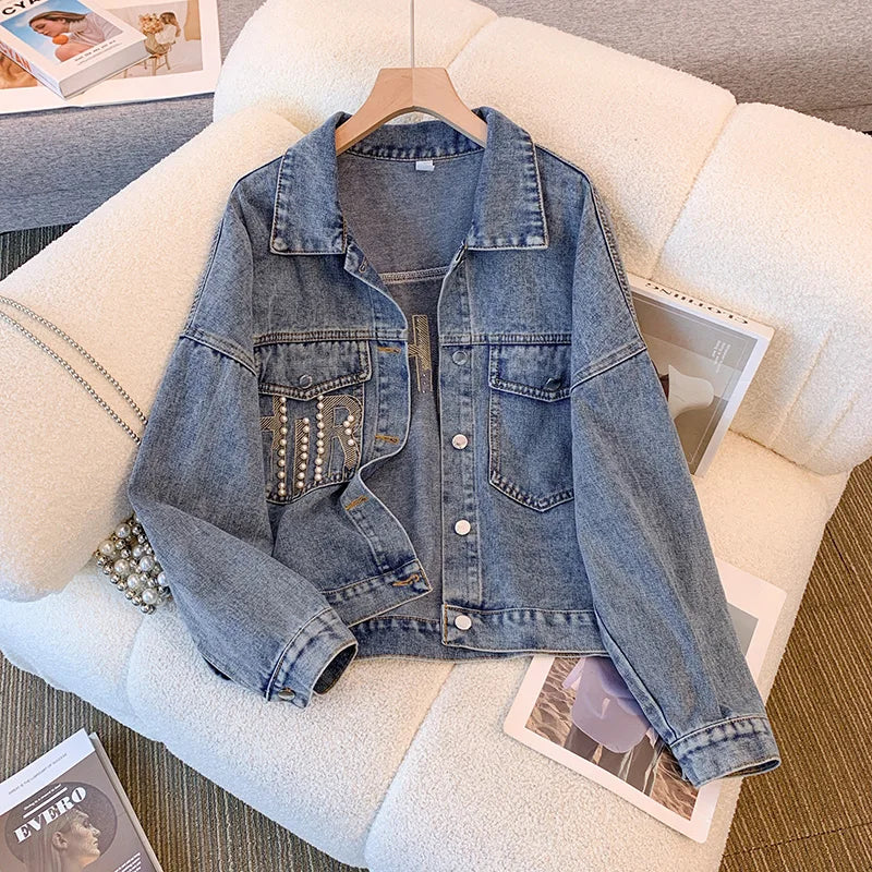 Hnewly  Nail Bead Denim Jacket For Women's Spring Autumn 2025 New Style Loose Versatile Long Sleeved  Turndown Collar Coat Top