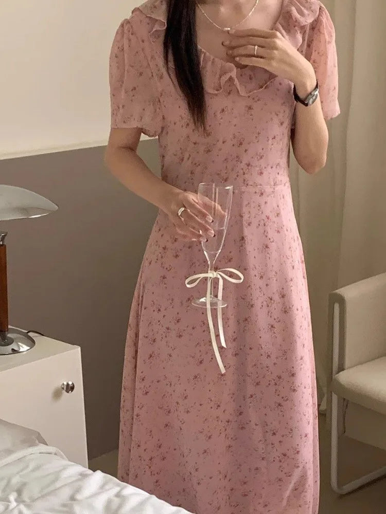 Hnewly  Woman Dress Short Sleeve Floral Printed Ruffles French Style Chic Summer Fashion Casual Temperament Elegant Dresses