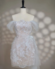 Hnewly  Off Shoulder Floral Lace Wedding Gown Ruched Wrap Skirt Side Tulle Sash Lace Up Back Mini Short Bridal Evening Dress