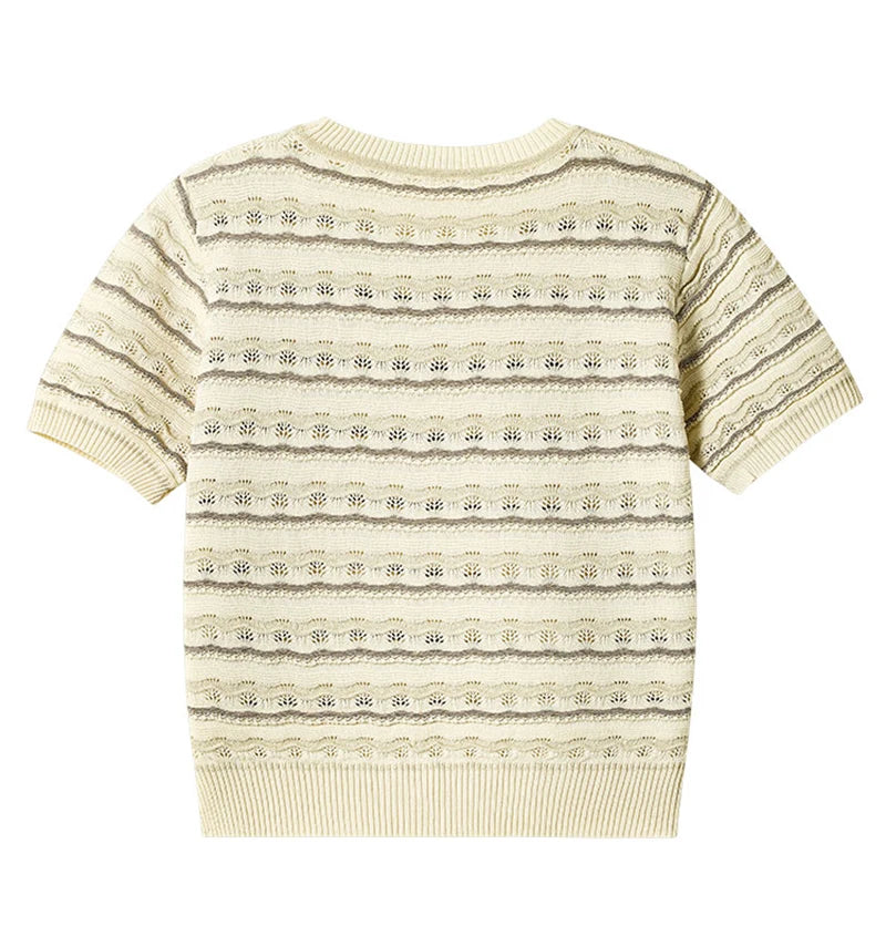 Hnewly  Hollow Out Ice Silk Knitted T-shirt Retro Round Neck Wave Pattern Short Sleeve Tee Women's Spring/Summer New Fashion Loose Top