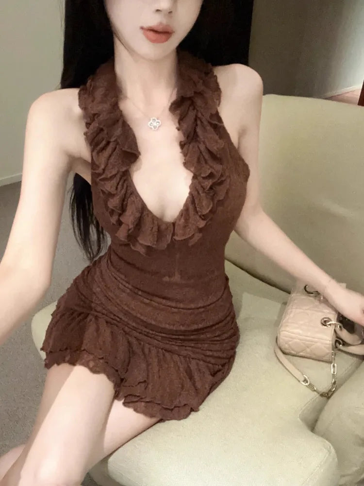 Hnewly  Woman Dress Sleeveless Halter Sexy Elegant Ruffles Patchwork Backless Slim Party Mini Dresses Female Fashion Club