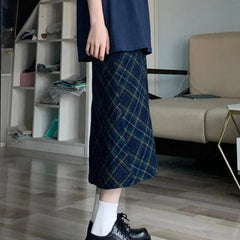 Hnewly  Plaid Midi Skirts Women Casual A-line Chic All-match High Street Elegant Vintage Mujer Jupe European Style Classic Sexy Clothing
