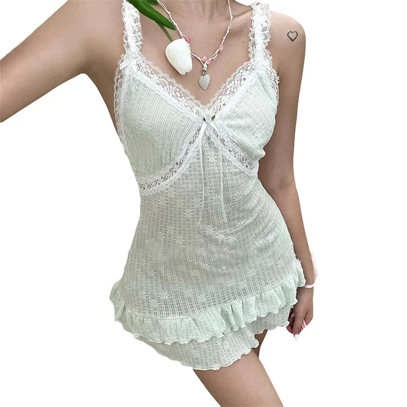 Hnewly Coquette Dresses y2k Women Summer Lace Trim Sleeveless Ruffle Hem Mini Dress Fairycore Grunge Dress 2000s Clubwear