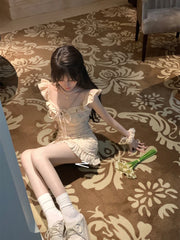 Hnewly  Sweet Sexy Summer Dress Women Square Collar Garden Party Vintage Slim Lace Flying Sleeve Hollow Out Design Korean Style Ulzzang