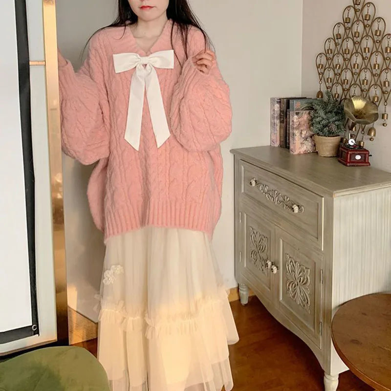 Hnewly Pink Kawaii Oversize Knitwear Sweaters Women Sweet Cute Big Bow Pullovers Autumn Winter Keep Warm Lantern Sleeve V-Neck Sweater