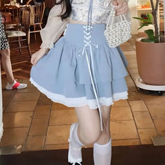 Hnewly  blue Kawaii Mini Skirt  korean style Women Sexy Gyaru Pink Bow Bandage High Waist Pleated Skirts Y2k Shorts Summer layered
