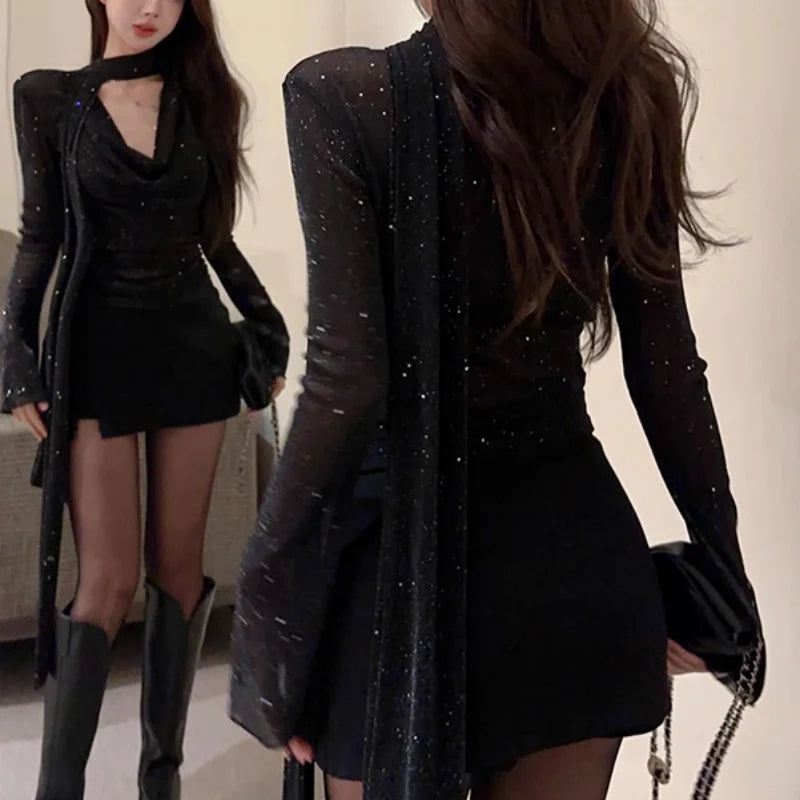 Hnewly y2k Mesh Shirt Women Party Glitter See Through Cowl Neck Long Sleeve Tops 2000s Aesthetic Clothing Club Streetwear