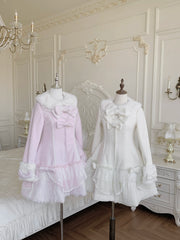 Hnewly  Japanese Cute Girls Sweet Lolita Pink Long Woolen Coats Autumn Winter New Women Sweet Elegant Bow Plush Collar Overcoats
