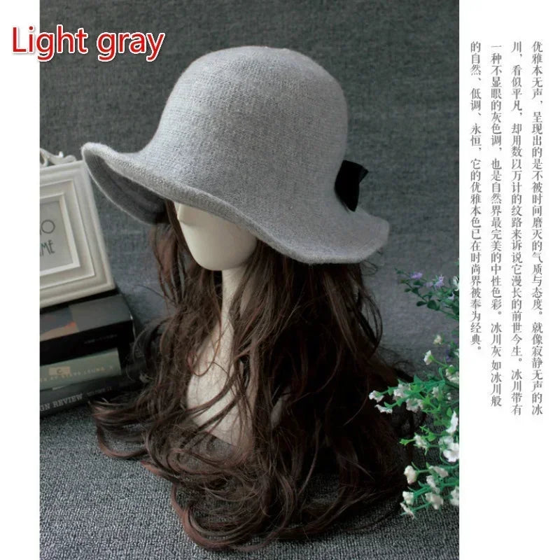 Hnewly Vintage Wool Bucket Hats Women Fashion Bows Basin Fisherman Hat Winter Black Coffee Dark Camel Hat Ladies Head Accessories