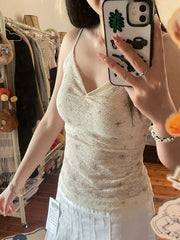 Hnewly  Pink Floral Lace Embroidery Slim Tank Tops Woman Summer Folds V-neck Cotton Camisole Female Sweet Cute Mesh Crop Top New Vest