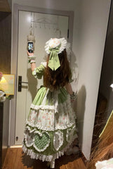 Hnewly  Original Design Mori Girl Style Dress Op Summer New Women's Kawaii Plaid Splicing Short Sleeve Dress Japanese Lolita Long Dress