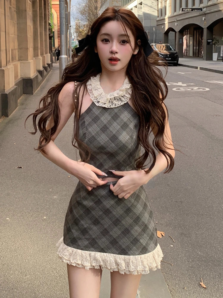Hnewly 2 Piece Skirt Sets Kawaii Plaid Lace Floral Outfit Women Bodycon Sleeveless Y2k Crop Tops + Skirts Summer New Y2k Vintage Suits