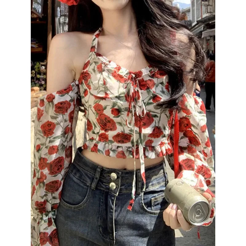 Hnewly Summer French Vintage Vest Office Lady Y2k Crop Top Women Design Casual Sexy V-Neck Sexy Floral Blouse Outwear Korean