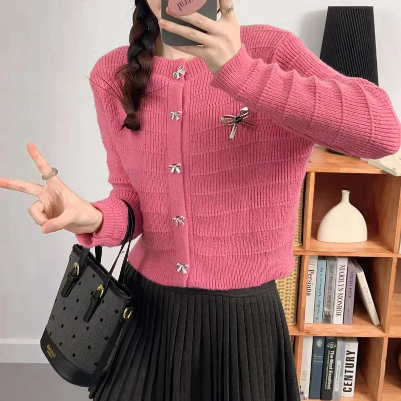 Hnewly  Ribbon Button Up Knit Cardigan Sweater for Women Long Sleeve Button Front Sweater Jacket Teen-girl Y2K Cute Outfit