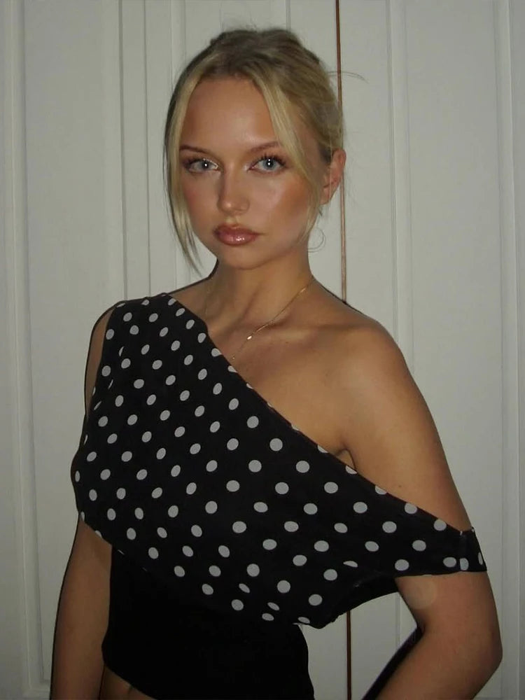 Hnewly  Polka Dots Print T-Shirts Women Summer Trend Skew Collar Off Shoulder Backless Street Fashion Trend Ruched Crop Tops