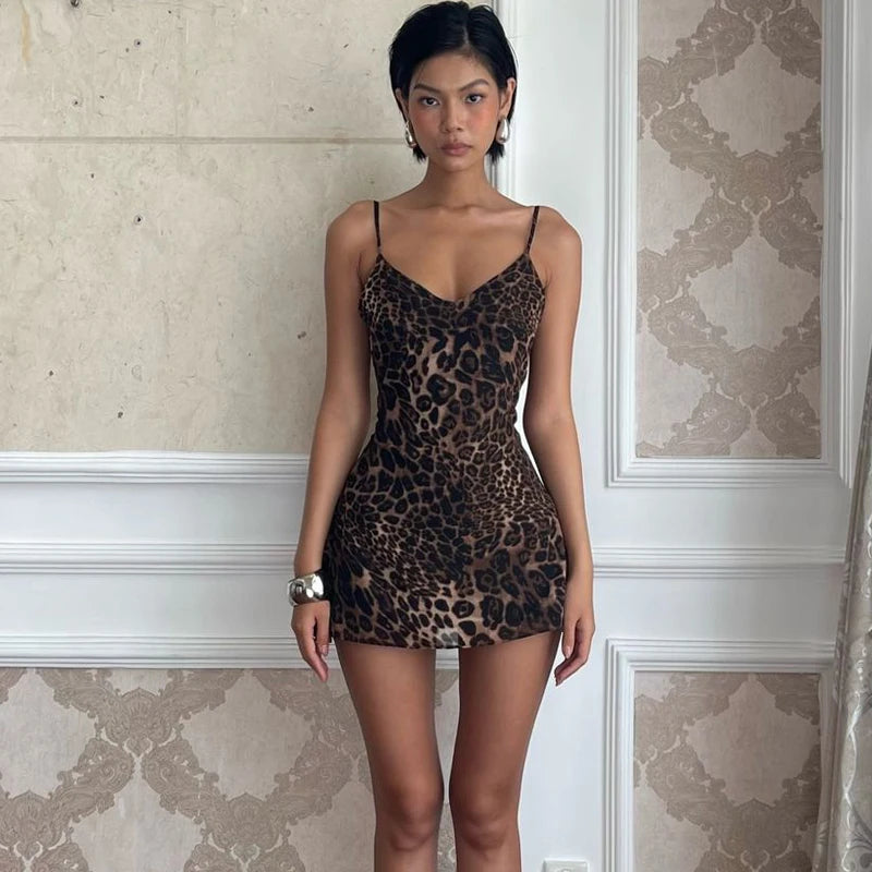 Hnewly Leopard Print Y2K Off Shoulder Women Mini Dresses Y2K Spaghetti Strap Bodycon Dress Vintage Streetwear Spring Vestidos