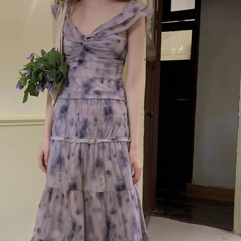 Hnewly Summer 2 Piece Skirt Sets Women Casual Sleeveless Blouse + Print Midi Skirt French Vintage Evening Party Elegant Suits