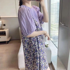 Hnewly  Women's Casual Korean Fake Two Pieces Printed Dress Summer Loose Fashion Round Neck Patchwork Chiffon Dresses Female Clothing