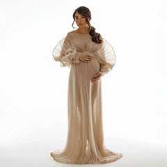 Hnewly  Fashion Sheer New Pleated Organza Maternity Dresses for Photoshoot Pregnant Dress Maternity Baby Shower Dresses