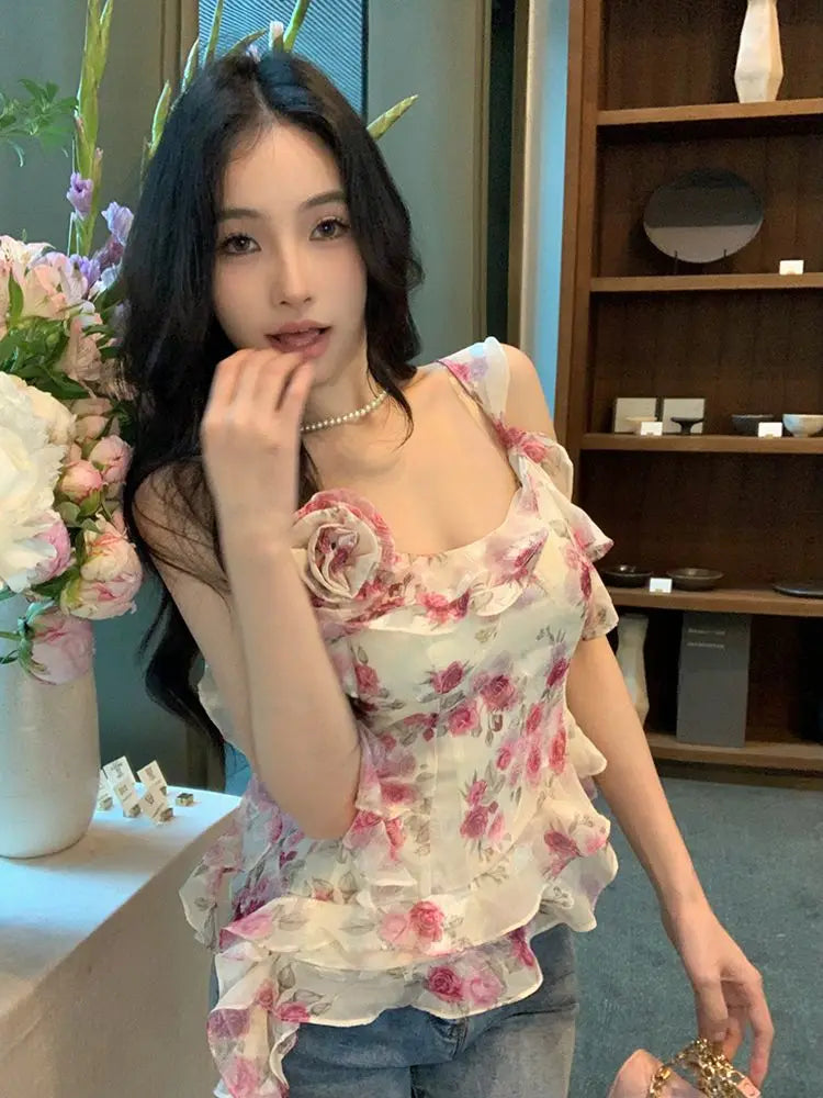 Hnewly  Irregular Camis Women Sweet Sexy Floral Printed Slash Neck Vintage Summer Fashion Holiday Tank Tops Female Casual