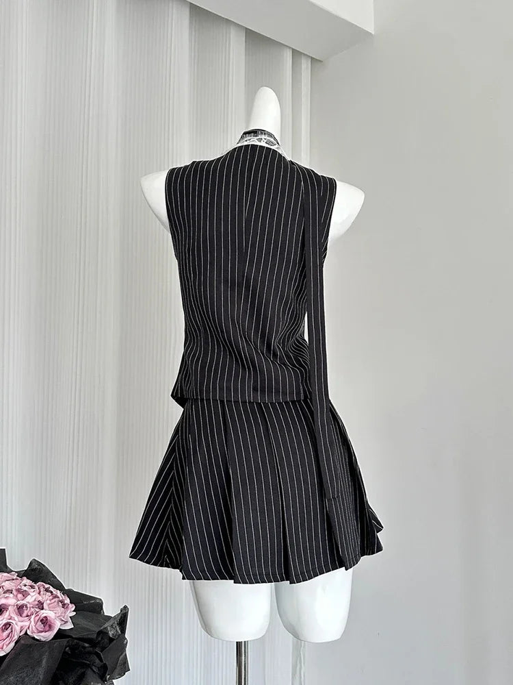Hnewly 2000s Aesthetic Striped Outfits 2 Piece Set Summer Women Korean Fashion Vacation Kpop Lace Vest + Y2k Preppy Mini Pleated Skirt