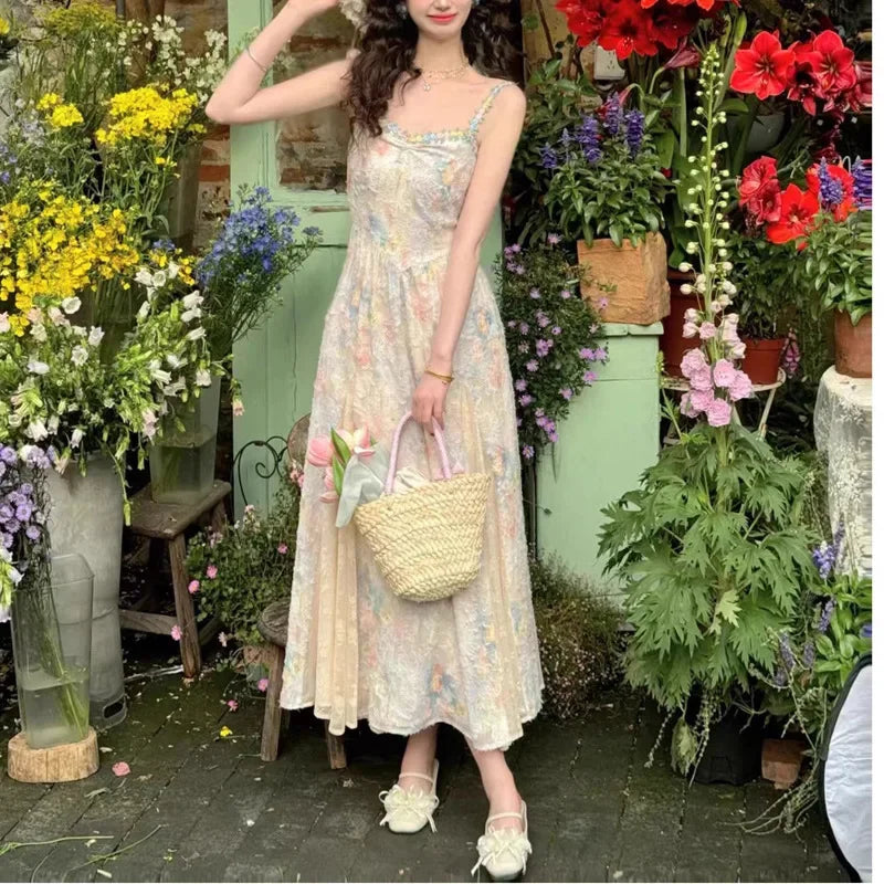 Hnewly French Floral Print Strapless Long Dress Women's Fashion Summer New Style Slimming Maxi Skirt Elegant Women's Clothing