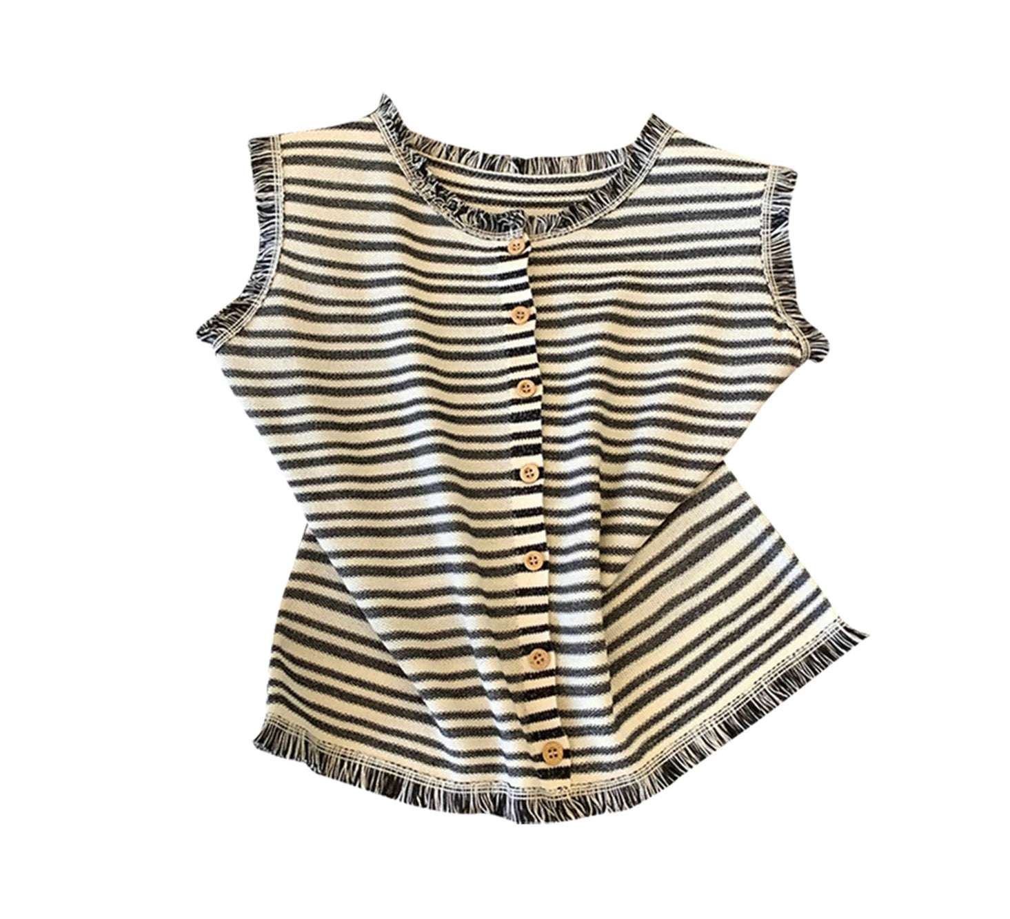 Hnewly  Striped Round Neck Knitted Sweater Cardigan Women's Tassel Sleeveless Vest Tops Single Breasted Versatile Fashion Jacket