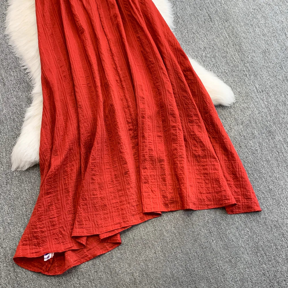 Hnewly  Bohemian Vacation Style Red Dress Design Sense Tassel Irregular Loose Dresses French Style High-end  Sleeveless Long Dress