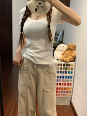 Hnewly  Retro American Beige Denim Jeans for Women streetwear baggy High Waisted Flare 1950s/1960s Jeans Vintage Cargo Pants