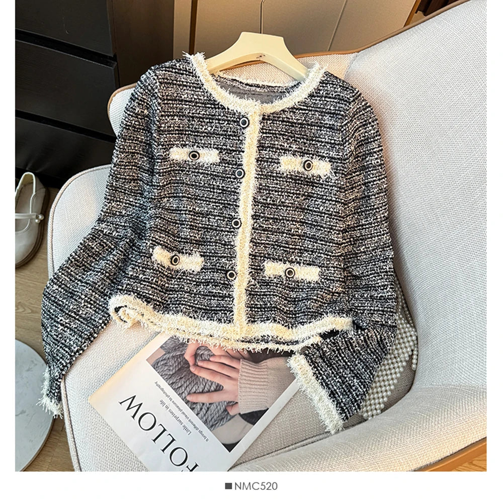 Hnewly  Fashion Sweet Tweed Jacket Women 2025 Autumn New Luxury Single-breasted Short Coats O-Neck Long Sleeve Elegant Female Outwear