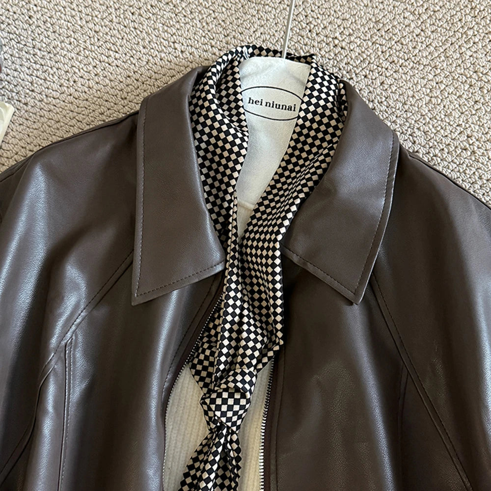 Hnewly  Retro Chic pu Leather Jacket Women's 2025 Spring Autumn Fashion Lapel Versatile Windproof Sweet&Cool BF Style Female Outerwear