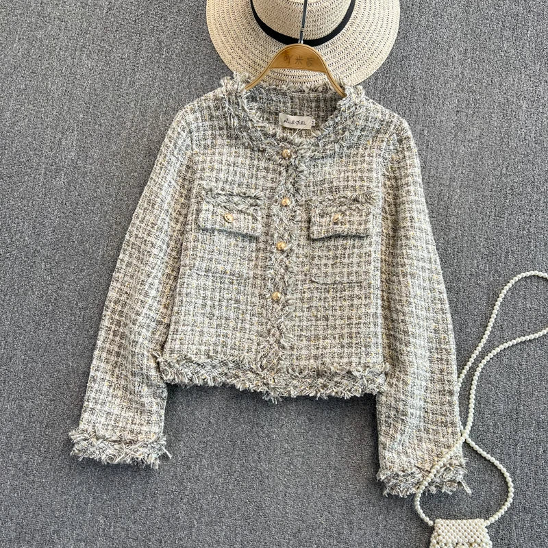 Hnewly  Woven Tweed Jacket Women Autumn Winter New Slim O-neck Single Breasted Coat Elegant Raw Edge Tassel Long Sleeve Blazer