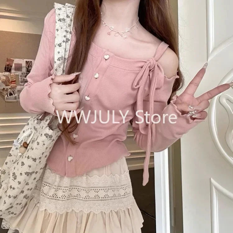Hnewly 2025 spring fashion trend New Fashion Sweet Off Shoulder Bow Lace Up Sweaters Slim Fit Tops Women Y2k Grunge Long Sleeve Cardigan Mujer