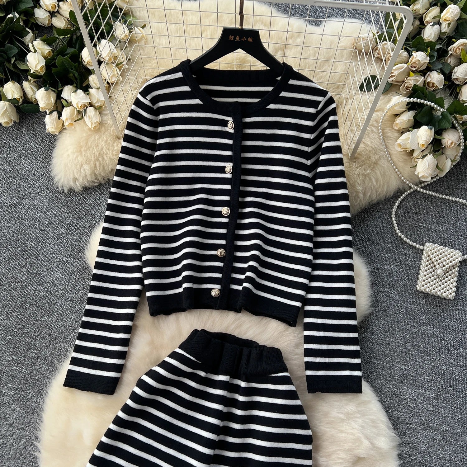 Hnewly  Elegant Knitted Set for Women's High End Versatile Round Neck Striped Knitted Cardigan+High Waist Casual Wide Leg Pants 2PCS