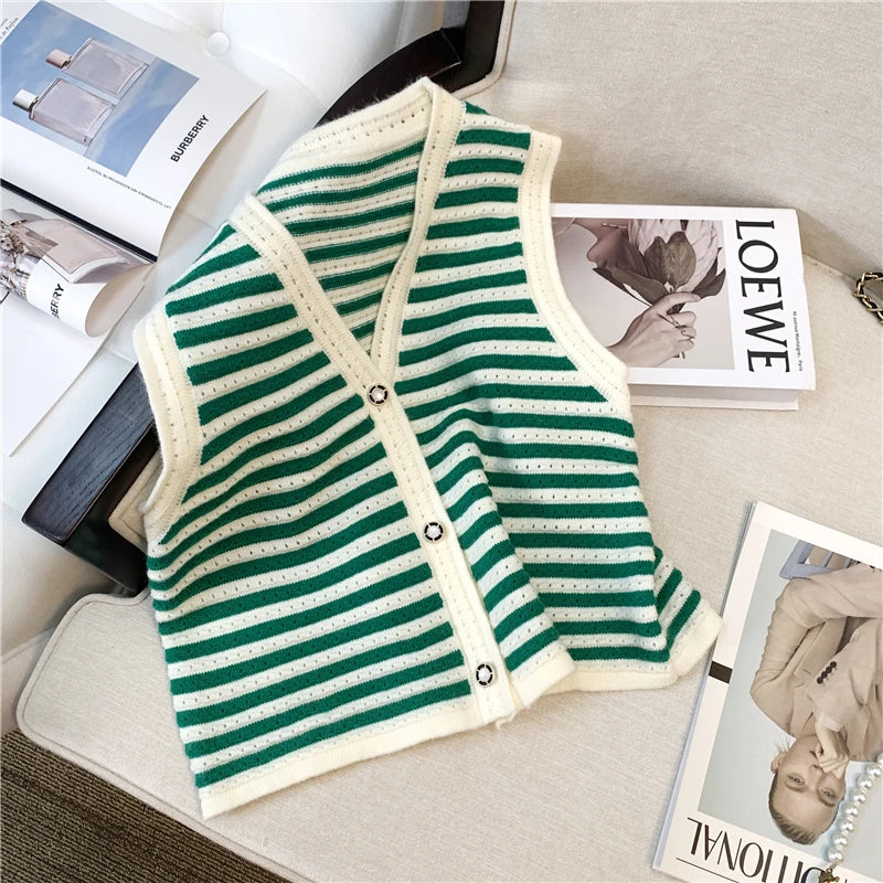 Hnewly  Spring V-Neck Striped Knitted Vest Korean Hollow Out Sleeveless Top Women's 2023 Autumn Loose All-Matched Outwear Cardigan Tank