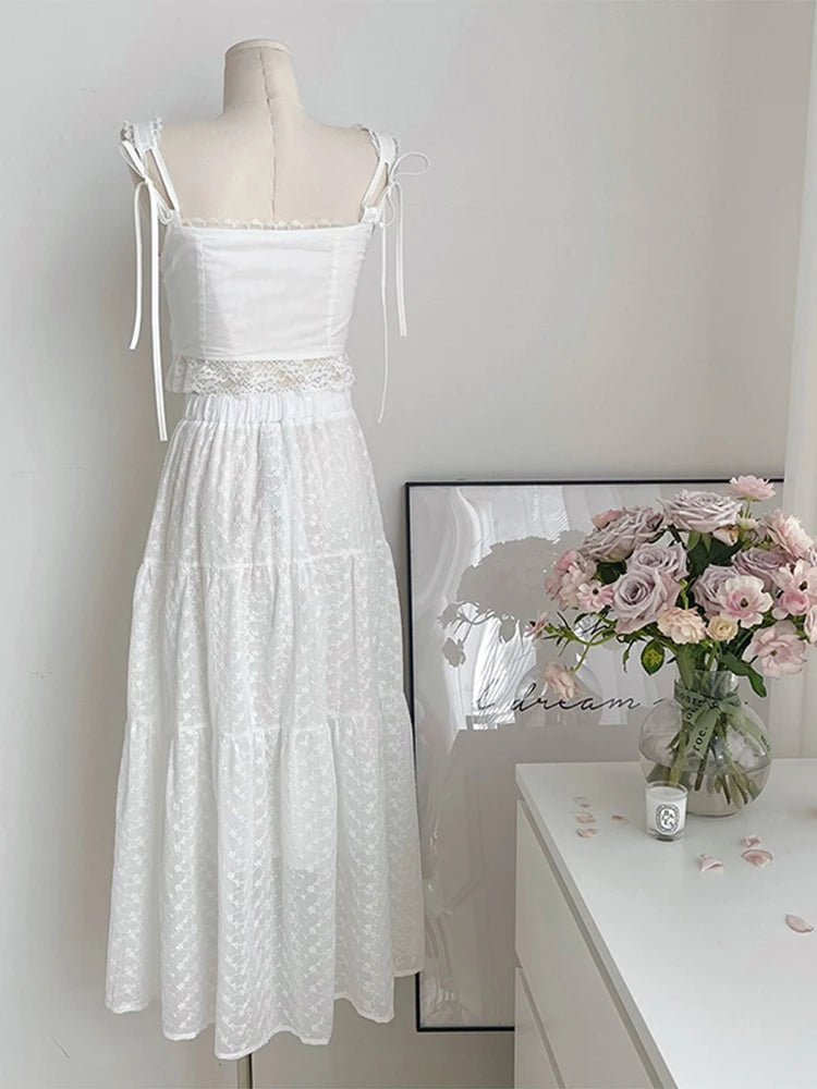 Hnewly Women Vintage 2 Pieces Sets Outfit Lace Patchwork Tie Up Bow Design Slim Crop Suspender Vest+A-line High Waist Pleated Skirts