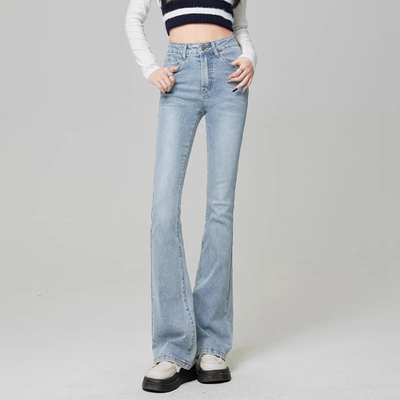 Hnewly Women Vintage High Street Bell Bottom Jeans Lady Sexy Slim Fit Denim Flare Pants Deep Blue Light Blue Black Blue Gray Trousers
