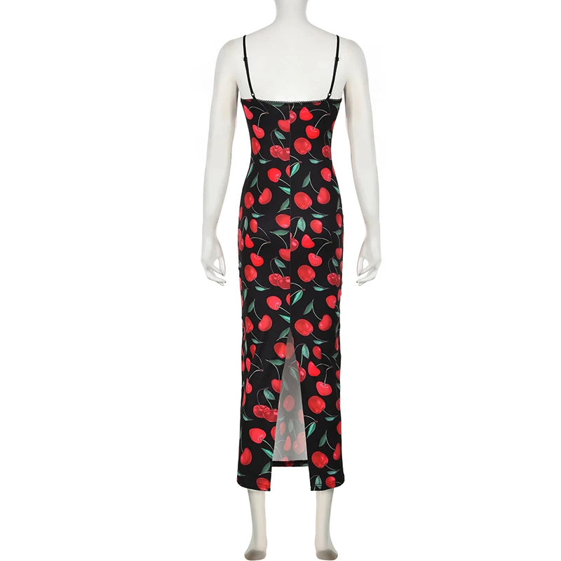 Hnewly Spaghetti Strap Elegant Summer Long Dress Cherry Printed Fashion Folds Beach Holidays Sundress Sexy Women's Dresses