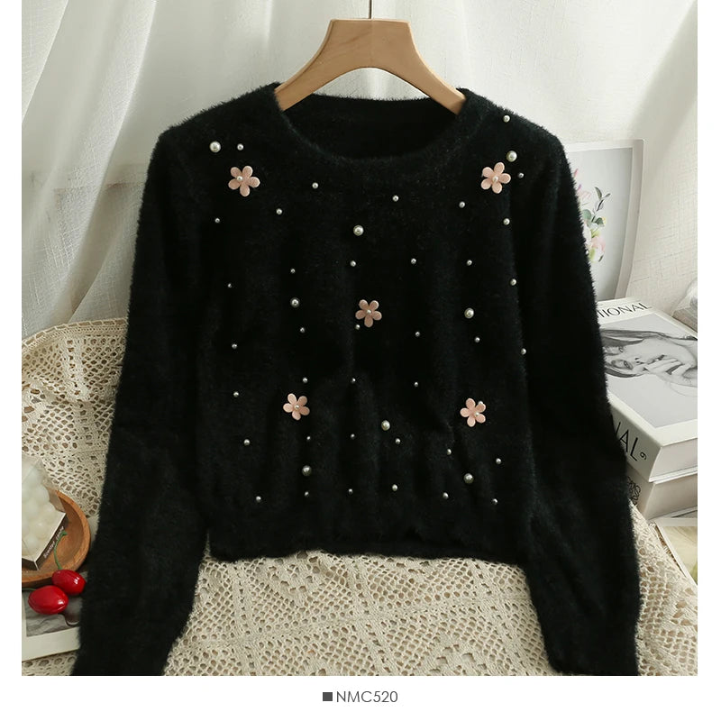 Hnewly  Women's Short Sweater Autumn Winter Fashion Beaded Slim Long Sleeve Pullover Korean Versatile O-neck Loose Knitted Tops