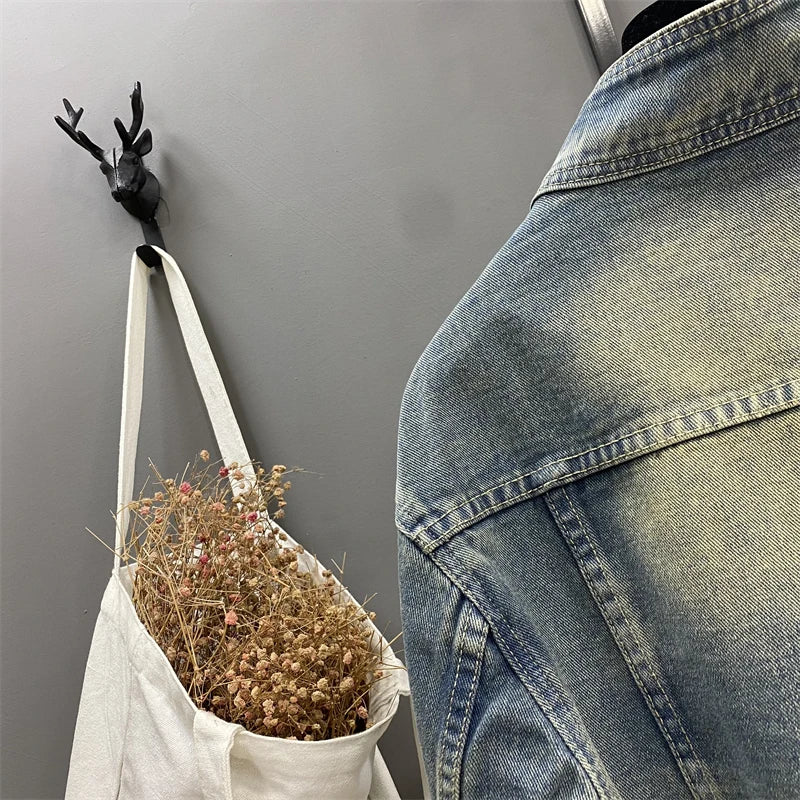Hnewly  Women Standing Collar Denim Short Jacket Washed  Polished White Retro Motorcycle Outwear Spring Fashion Slim Long Sleeved Top