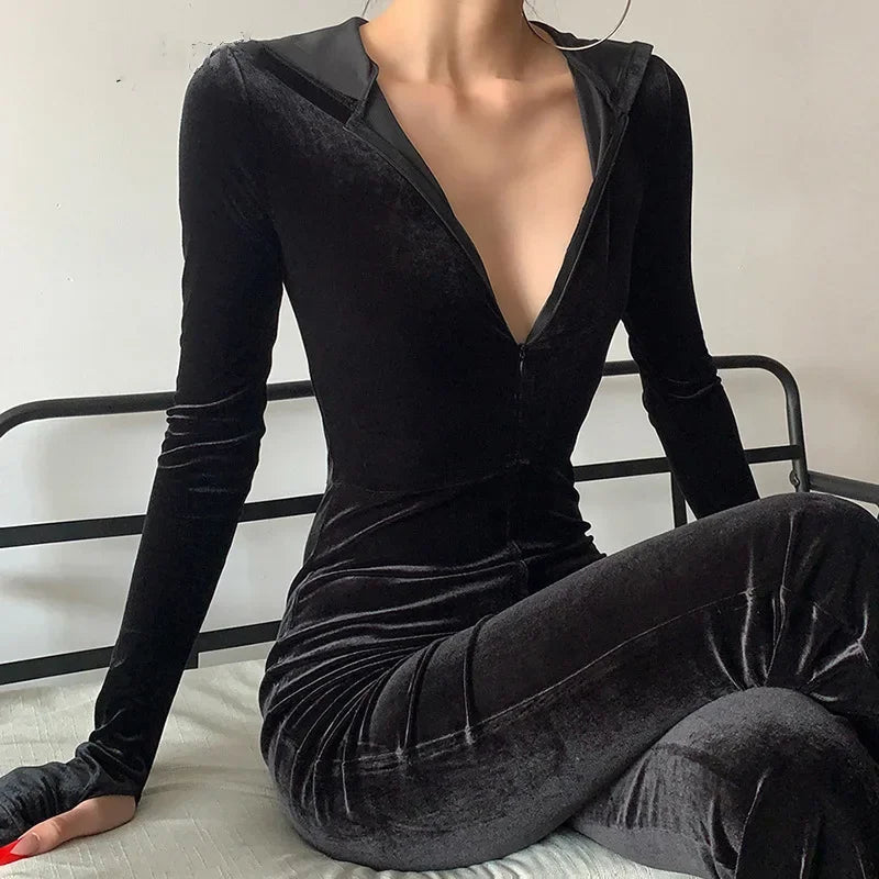 Hnewly Hot Tops Fashion Black Velvet Slim Hooded Zipper Long Sleeve Flare Pants Jumpsuit Rompers Korean Sexy