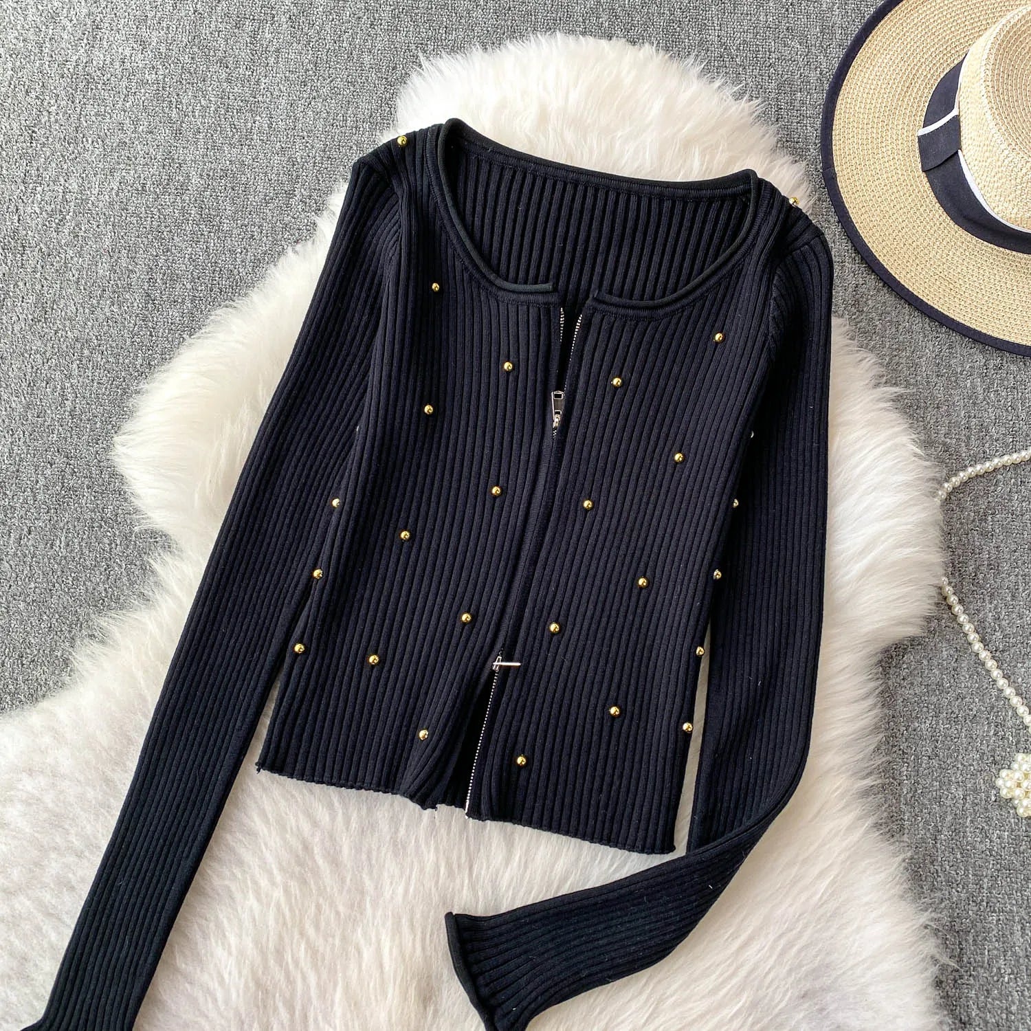 Hnewly  Beading Knitted Striped Zippered Sweater Cardigan Women's Spring Autumn O-Neck Top New Loose Harajuku Long Sleeved Outwear
