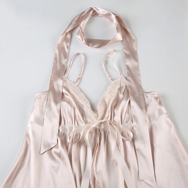Hnewly Kawaii Bandage Lace Pink Camisole Women Sexy Sweet Patchwork Satin Crop Tops with Slit Summer y2k Vintage Tank Tops Cute