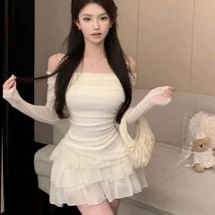 Hnewly  Sweet Sexy Off Shoulder Slim Fit Long Sleeve Tops Women+ Y2k High Waist Ruched Cake Skirts 20264 Summer New Two Piece Sets