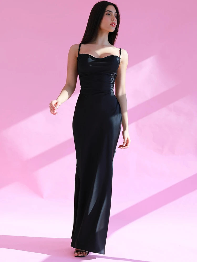 Hnewly Elegant Satin Slips Backless Solid Bandage Sexy Bodycon Maxi Dress Summer Women Clothes Evening Party Birthday Vacation
