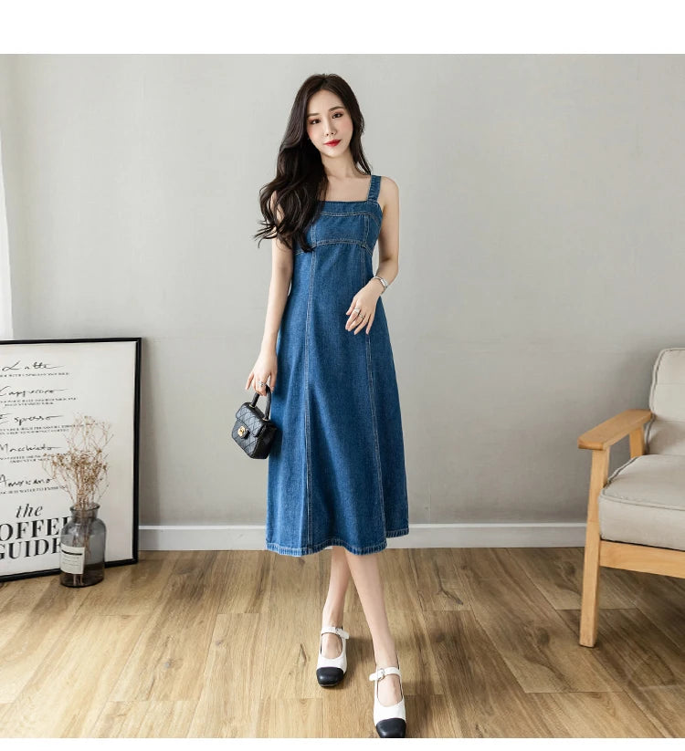 Hnewly  Denim Spaghetti Strap Dress New Summer Women's Retro Strap A-Line Dress Classic Blue Tea-Length Versatile Slim Sun Dresses